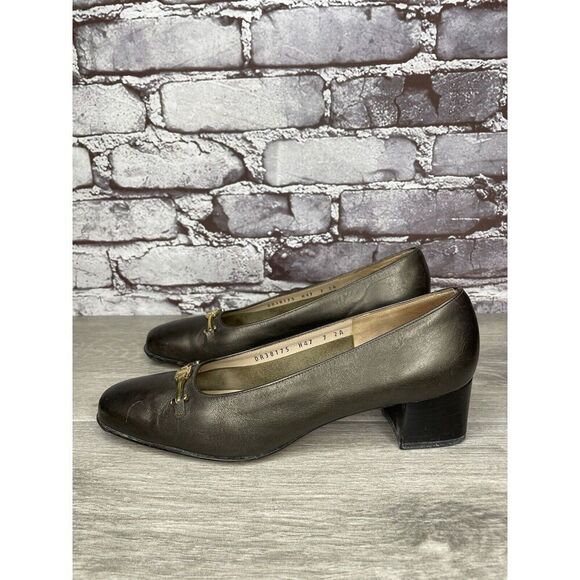 Salvatore Ferragamo Brown Leather Horsebit Heeled Pump Shoes Women 7AA US/37.5EU - Picture 1 of 16